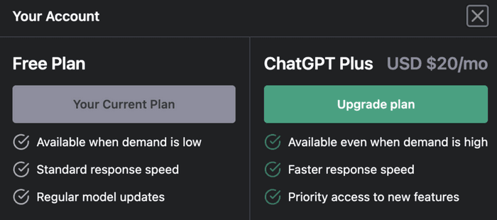 Image shows a screenshot of OpenAI’s ChatGPT Plus offering and compares it to the free version of ChatGPT.Screenshot 2023 03 08 at 9 53 32 AM